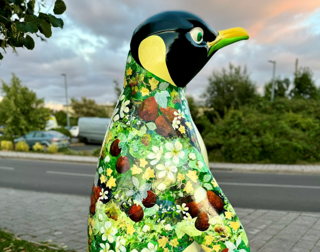 🐧 DESIGN REVEAL 🎨  Blossom, our beautiful sponsored penguin on the Waddle of Worcester trail, was hand painted by talented local artist, Susan Birth